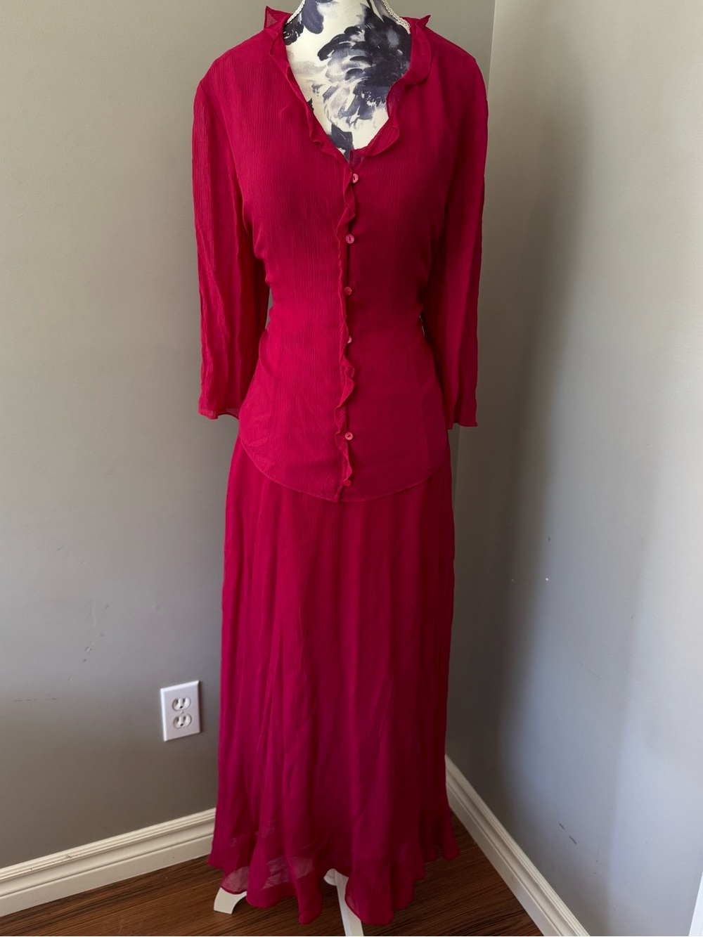 Vintage Silk Cynthia Rowley Fuchsia Maxi Skirt & Blouse Set